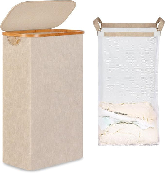 iEGrow 65L Slim Laundry Hamper, Narrow Laundry Basket with Lid,Foldable Clothes Hamper with Bamboo Handles,Hamper Basket with Removable Inner Bag for Laundry Room Bedroom College Dorm,Oatmeal
