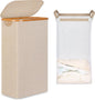 iEGrow 65L Slim Laundry Hamper, Narrow Laundry Basket with Lid,Foldable Clothes Hamper with Bamboo Handles,Hamper Basket with Removable Inner Bag for Laundry Room Bedroom College Dorm,Oatmeal