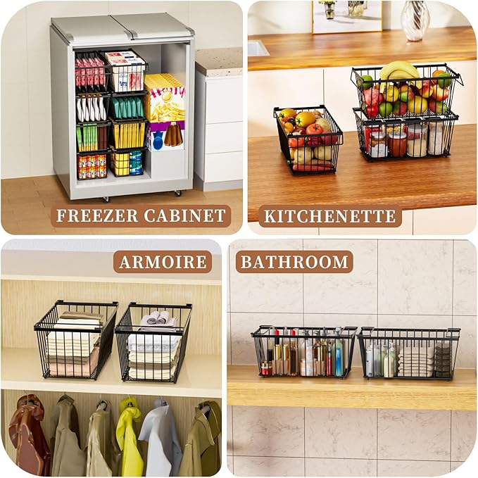 Enhanced Leak-Proof Bottom - Freezer Organizer Bins ，4 Pack Stackable Deep Freezer Organizer Bins for 7 Cu.FT Small Chest Freezer，organization and storage，pantry organizers(4 Pack-black)