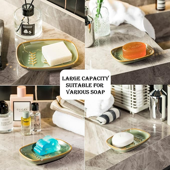 Miamolo Soap Dish Soap Holder Shower, Ceramic Soap Dishes for Bar Soap Sponge, Shower Soap Dish Soap Saver Tray for Bathroom Kitchen Sink, Easy to Clean, Green (Pack of 2)