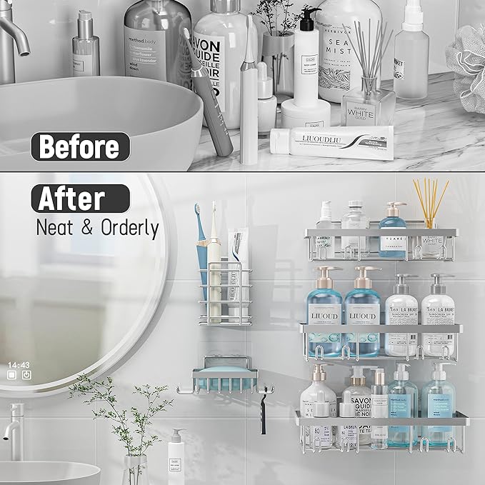 Liuoud 5 Pack Shower Caddy Organizer Rack Shelf for Inside Shower, Self Adhesive Bathroom Wall Storage Basket Rustproof Stainless Steel Large Capacity Shampoo Holder, Silver