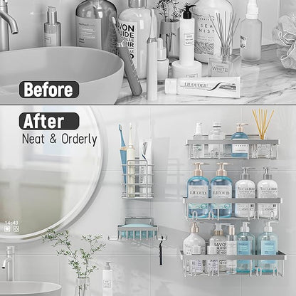 Liuoud 5 Pack Shower Caddy Organizer Rack Shelf for Inside Shower, Self Adhesive Bathroom Wall Storage Basket Rustproof Stainless Steel Large Capacity Shampoo Holder, Silver