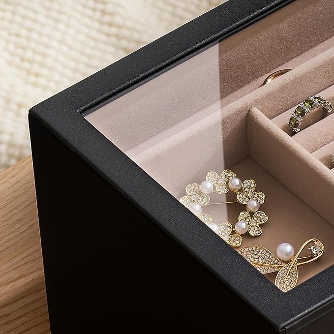 pickpiff Jewelry Box Organizer Case for Women: 4-Layer Jewelry Storage Case with Glass Window, Black Leather with Blush Velvet, Holder for Ring Necklace Bracelet Brooch Watch, Great Gift for Her