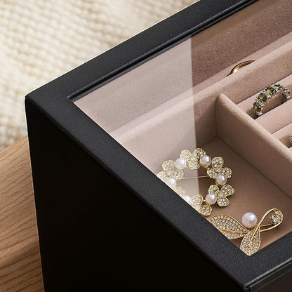 pickpiff Jewelry Box Organizer Case for Women: 4-Layer Jewelry Storage Case with Glass Window, Black Leather with Blush Velvet, Holder for Ring Necklace Bracelet Brooch Watch, Great Gift for Her