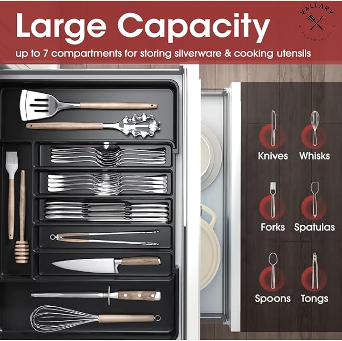 Vallary Expandable Silverware Drawer Organizer – Large BPA-Free Utensil Tray for Kitchen | Adjustable Cutlery Holder for Spoons, Forks, Knives | Plastic Flatware Storage, Black