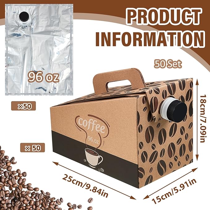 Dandat 50 Pack Disposable Coffee Dispenser Box 96 oz - Thick Hardboard Insulated Coffee to Go Container with Handle & Lids, Hot Cold Bulk Beverage Dispenser for Parties, Catering, Take Out