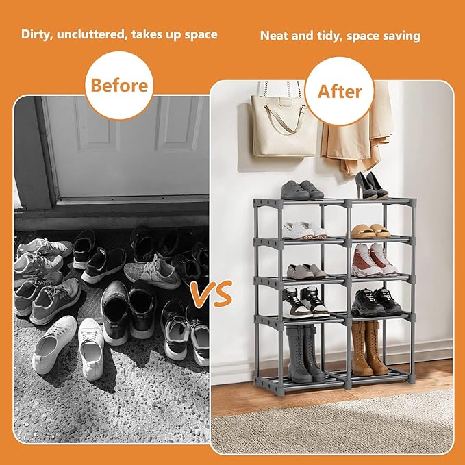 homyfort Shoe Rack Storage, 5-Tier Shoe Organizer Shelf for Closet Entryway, 10 Pairs Sturdy Shoe Stand (Grey)