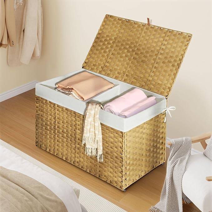 Greenstell Storage Basket with Lid, 160L Large Wicker Basket with Lid, Handwoven Blanket Storage Basket with Handles, Removable Cotton Liner, Metal Frame, Foldable for Bedroom, Laundry Room, Natural