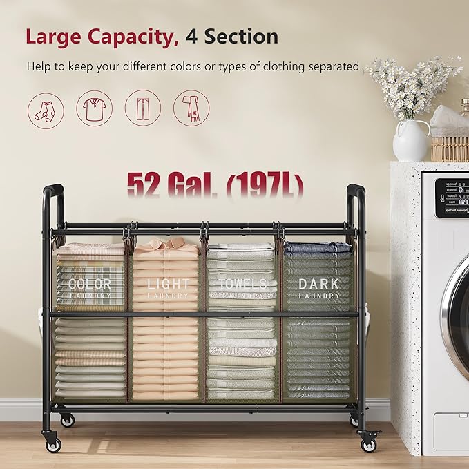 Tajsoon 4 Bag Laundry Sorter Cart, 4 Section Laundry Hamper Sorter with Heavy Duty Lockable Rolling Wheels, Laundry Separator Hamper with Removable Bags for Dirty Clothes Storage, Green