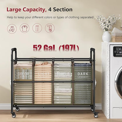 Tajsoon 4 Bag Laundry Sorter Cart, 4 Section Laundry Hamper Sorter with Heavy Duty Lockable Rolling Wheels, Laundry Separator Hamper with Removable Bags for Dirty Clothes Storage, Green