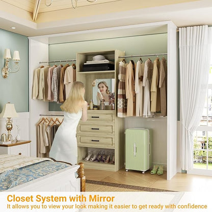 Unikito 48" W - 96” W Closet System with Mirror, 8FT Walk in Closet Organizer with Drawers and 3 Extendable Hanging Rod, Sturdy Wood Clothing Garment Rack with 25” Tower, Max Load 1000 LBS, White Oak