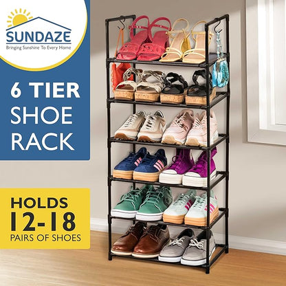 Sundaze Shoe Rack - 6 Tier Tall Shoe Rack for Closet, Sturdy Stackable Shoe Organizer for Closet, Bedroom, Entryway, Garage, Non Woven Fabric Shelf, Black, Holds 12-18 Pairs