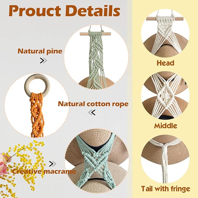 Bohemian Hat Rack Hat Hanger, Macrame Hat Organizer for Wall Hanging, Handmade Hat Holder, Hat Storage for Wide-Brim Hats, Boho Hat Display for Bedroom, Living Room(3 Styles & 3 Colors)