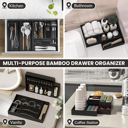 Kitchen Drawer Organizer Bins, Stackable Bamboo Drawer Organizer for Silverware, Flatware, Deep Office Desk Organizer Tray, Desktop Pen, Office Organization Black 9" x 6" x 2.5"(Set of 2)