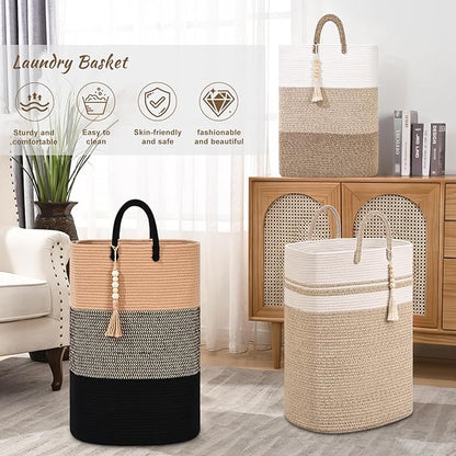 Woven Laundry Basket for Clothes, 80 L Large Rectangle Laundry Hampers with Beads Tassel, Nursery Storage Basket for Toys, Tall Dirty Clothes Hamper for Bedroom Aesthetic, Laundry Room Organization