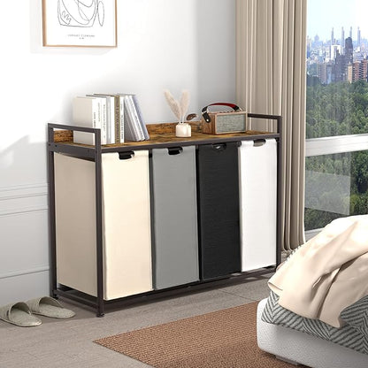 Herture Laundry Hamper with Shelf, Laundry Basket 4 Section, Laundry Sorter with Pull-Out Removable Large 4 Color Bags and Movable Wheels, Metal Frame, 4 x 15.87 Gallons (60L), Rustic Brown PF07XLN