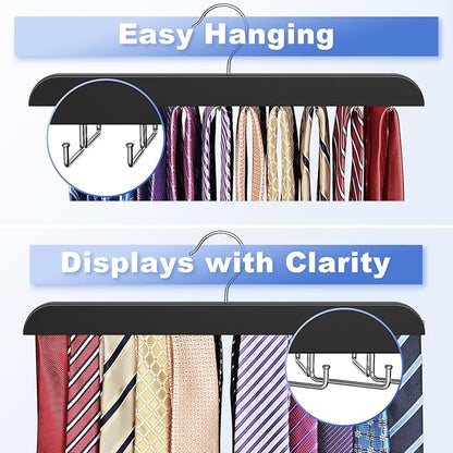 RESOVO Upgraded Tie Rack Hanger with 20 Foldable Metal Hooks, Space Saving Necktie Organizer for Men – Large Capacity Tie and Belt Wooden Hanger for Closet - Black 2 Pack