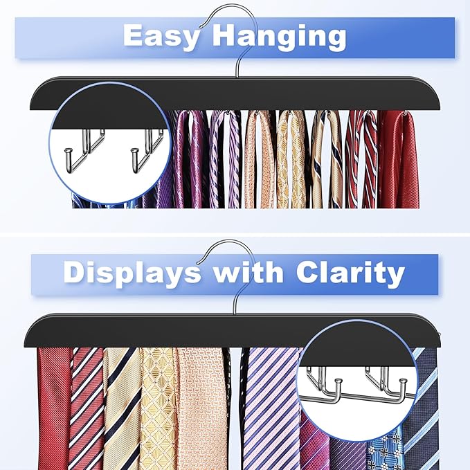 RESOVO Upgraded Tie Rack Hanger with 20 Foldable Metal Hooks, Space Saving Necktie Organizer for Men – Large Capacity Tie and Belt Wooden Hanger for Closet - Black