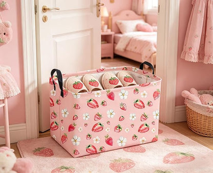 Sanjiaofeng Rectangular Strawberry Storage Baskets Baby Girl Basket Kids Baby Storage Basket Waterproof Collapsible Storage Bin Cute Organizer Box Girl Room Decor(Strawberry)