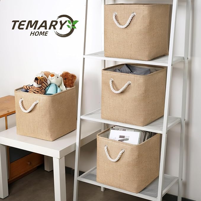Temary Fabric Baskets 12 Inch Storage Cubes Basket, Clothes Baskets for Shelf, 4 Pack Large Storage Basket with Handles for Organizing Books, Blankets (Linen Yellow)