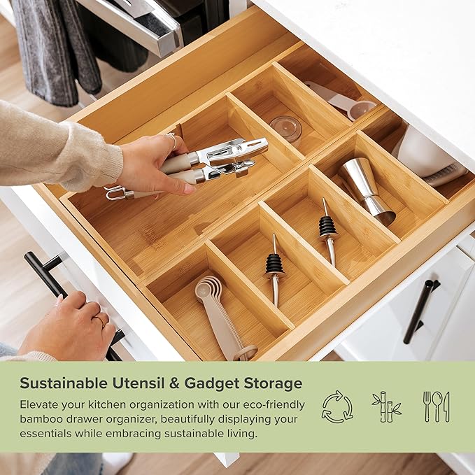 KitchenEdge Premium Kitchen Utensils and Junk Drawer Organizer – Small 5-Compartment Design with 4 Removable Dividers, Non-Slip Feet, 100% Sustainable Bamboo