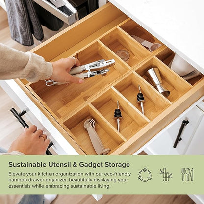 KitchenEdge Premium Kitchen Utensils and Junk Drawer Organizer – Small 5-Compartment Design with 4 Removable Dividers, Non-Slip Feet, 100% Sustainable Bamboo