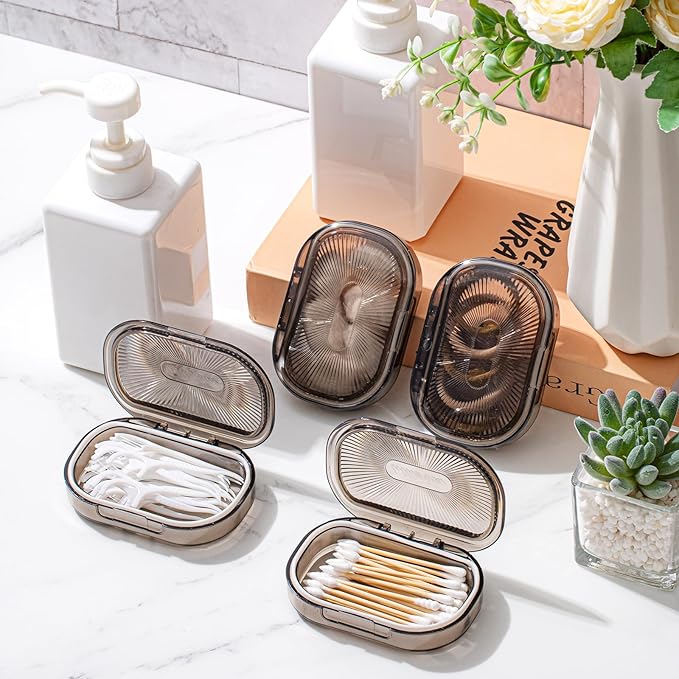Kigley 4 Pcs Hair Tie Container Small Portable Travel Cotton Swab Holder Flosser Dispenser with Lid Plastic Box Beads Storage Containers for Small Items, 3.94 x 2.76 Inch (Gray)