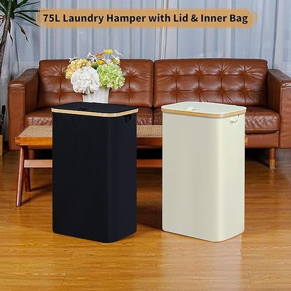 iEGrow 75L Slim Laundry Hamper, Narrow Laundry Basket with Lid,Foldable Clothes Hamper with Bamboo Handles,Hamper Basket with Removable Inner Bag for Laundry Room Bedroom College Dorm,19.8 Gals Black