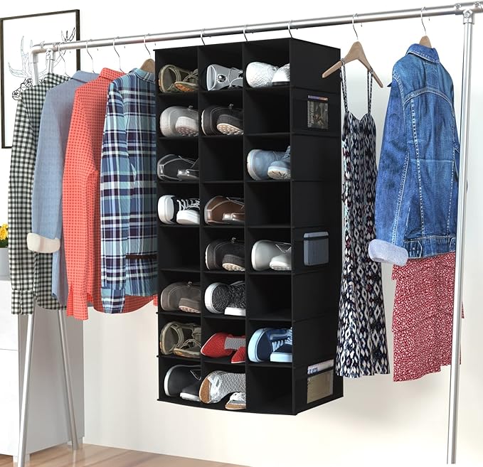 Hanging Shoe Organizer for Closet, 24 Sections Shoe Holder Hanger Rack, Space-Saving Shoe Organizers and Storage, Black
