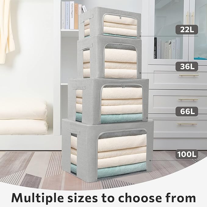 FHSQX 2 Pack Clear Window Storage Bins - Large Stackable Linen Fabric Storage for Clothes Foldable Container Organizer Set with Carrying Handles (Light Gray, 15.7x 11.8x 11.7 Inch)