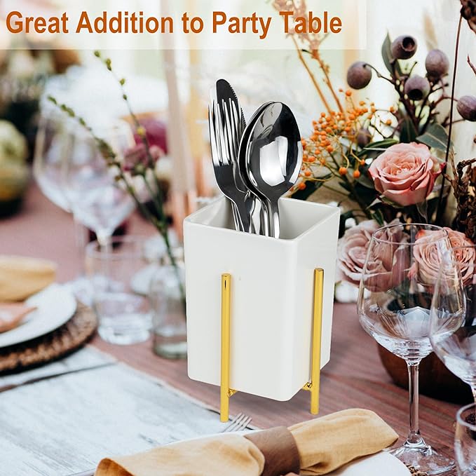 ECOIOU Silverware Caddy with Drain Holes, Cutlery Holder for Party Countertop, kitchen counter, Melamine Bins Set Kitchen Utensil Holder for Spoons, Forks and Knives, White, Pack of 2