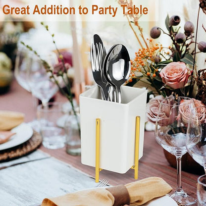 ECOIOU Silverware Caddy with Drain Holes, Cutlery Holder for Party Countertop, kitchen counter, Melamine Bins Set Kitchen Utensil Holder for Spoons, Forks and Knives, White, Pack of 2