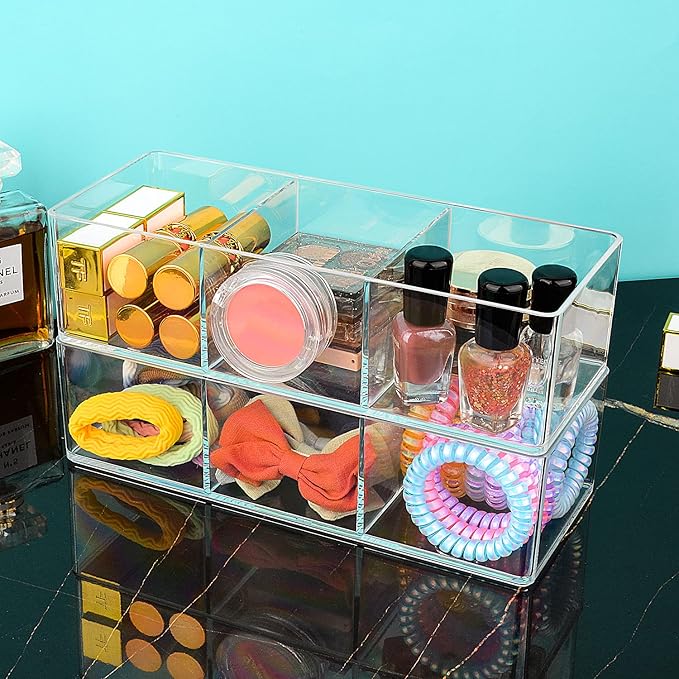 JessLab Acrylic Makeup Organizer, 3 Pack Stackable Cube Sections for Drawer, Vanity, Countertop, Bathroom, Kitchen and Cabinet Storage, 3 Compartment