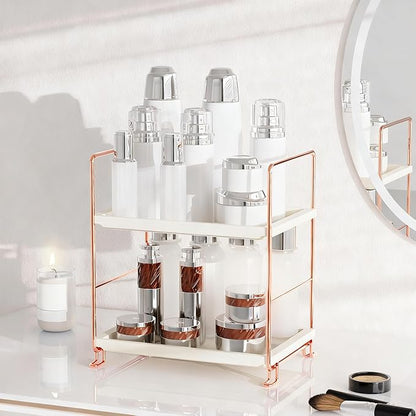 FSyueyun 2-Tier Bathroom Countertop Organizer, Tool-Less Installation Premium Plastics Makeup Shelf Organizer Perfume Skincare for Dresser Vanity Tray Organizers and Storage (Rose Gold)