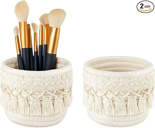 Mkono Macrame Makeup Brush Holder Organizer Comb Brushes Mini Storage Basket Set of 2 Boho Decor Baskets for Pen Pencil Box Container, X-Small, Ivory