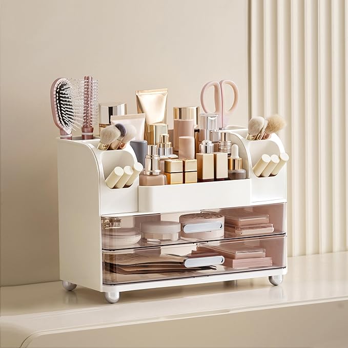HBlife Makeup Organizer for Vanity with Brush Holder, Large Bathroom Countertop Cosmetic Organizer Skin Care Storage, Easy to Store Lipsticks, Nail Polishes, Perfumes, Eyeshadow Palettes, White
