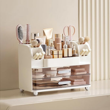 HBlife Makeup Organizer for Vanity with Brush Holder, Large Bathroom Countertop Cosmetic Organizer Skin Care Storage, Easy to Store Lipsticks, Nail Polishes, Perfumes, Eyeshadow Palettes, White