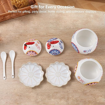 2 Pcs Ceramic Salt Cellar with Lid 、Tray and Spoon, 13 OZ Large Chicken Salt Jar, Salt Holder for Counter, Coffee, Sugar, Spices and Candies, Salt Containers for Countertop (Bule and Red)