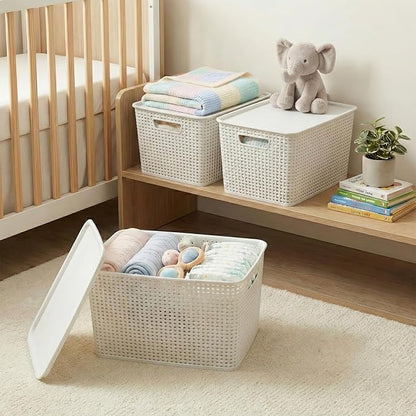 BINO | Plastic Storage Baskets with Lids, 22 Liter - 3 Pack, White | THE WOVEN COLLECTION | Storage Basket for Shelves | Woven Storage Baskets for Organizing Bins Pantry Shelf Organizer Container Bin
