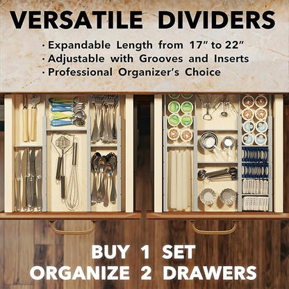 SpaceAid Bamboo Drawer Dividers with Inserts and Labels, Kitchen Adjustable Drawer Organizers, Expandable Organization for Home, Office, Dressers, 7 Dividers with 15 Inserts (17"-22" Gray)
