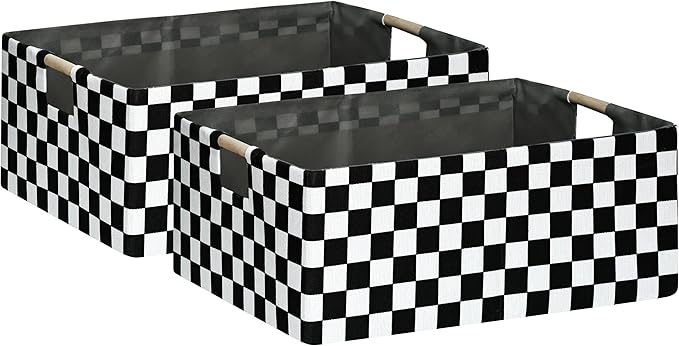 Checkered Storage Basket Foldable Nursey Box | 16.9" Storage Cube for Women Closet Organizer Boys Car Toys Bins with Handles | Sturdy Cardboard & Washable Fabric 2Pack