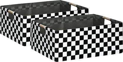 Checkered Storage Basket Foldable Nursey Box | 16.9" Storage Cube for Women Closet Organizer Boys Car Toys Bins with Handles | Sturdy Cardboard & Washable Fabric 2Pack