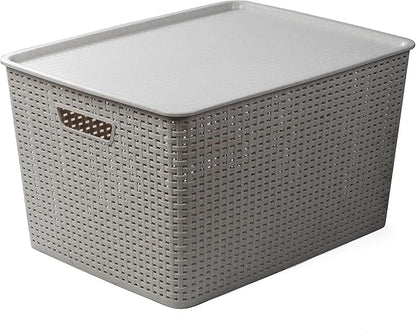 BINO | Plastic Storage Baskets with Lids, 45 Liter - 3 Pack, Natural Grey | THE WOVEN COLLECTION | Storage Basket for Shelves | Woven Storage Baskets for Organizing Bins | Pantry Shelf Organizer Bin