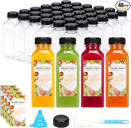 TOMNK 48pcs Juice Bottles, 12oz Reusable Plastic Juice Bottles with Caps and Labels, Funnel, Brush Beverage Containers for Juicing, Smoothies, Tea, Milk
