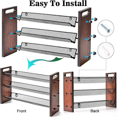 Spice Rack, Spice Rack Organizer without Seasoning Jars, Wooden Rustic 3 Tier Kitchen Spice Organizer Shelf for Cabinet, Countertop or Wall Mount