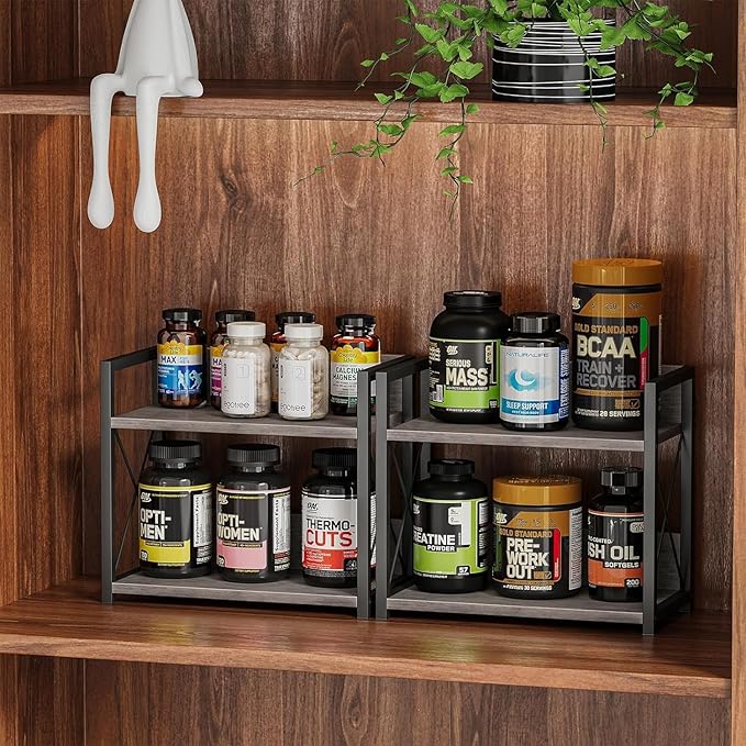 Giikin Countertop Shelf Organizer, 2 Tier Kitchen Spice Rack for Countertop, Wood Coffee Counter Shelf for Home, Particle Board and Metal, Grey, Small