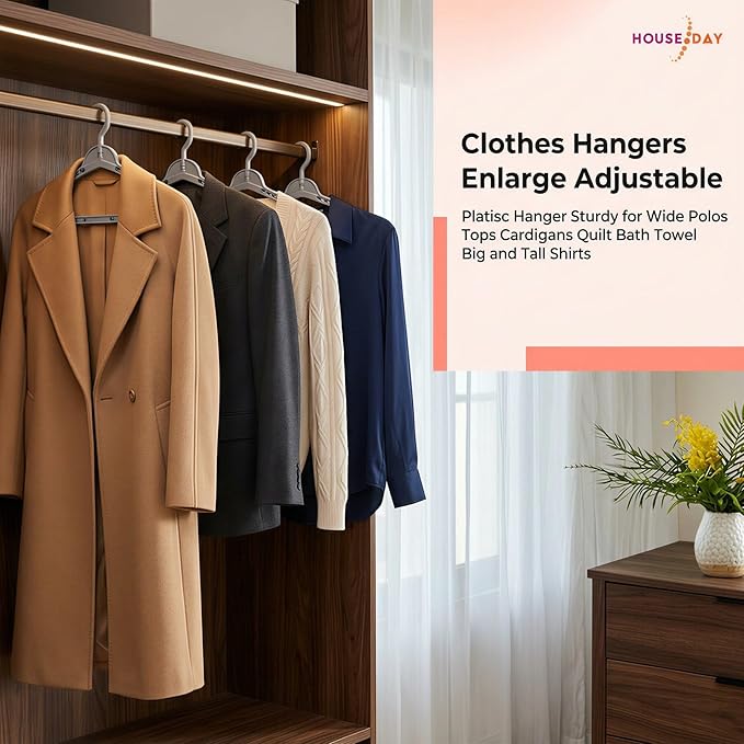 HOUSE DAY Extra Large Adjustable Hangers 4 Pack, Heavy Duty Clothes Hangers with 360° Rotating Hook, Sturdy Plastic Hangers Ideal for Coat,Sweaters, Jackets, Bath Towels, Oversized Garments (Gray)