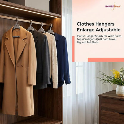HOUSE DAY Extra Large Adjustable Hangers 4 Pack, Heavy Duty Clothes Hangers with 360° Rotating Hook, Sturdy Plastic Hangers Ideal for Coat,Sweaters, Jackets, Bath Towels, Oversized Garments (Gray)