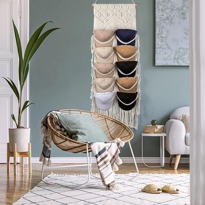 Macrame Hat Hangers for Wall Handmade Boho Baseball Cap Hanger Hand Knitting Cap Organizer Hat Holder for Wall Over Door Ball Hat Rack for Decoration Wardrobe Living Room Bedroom