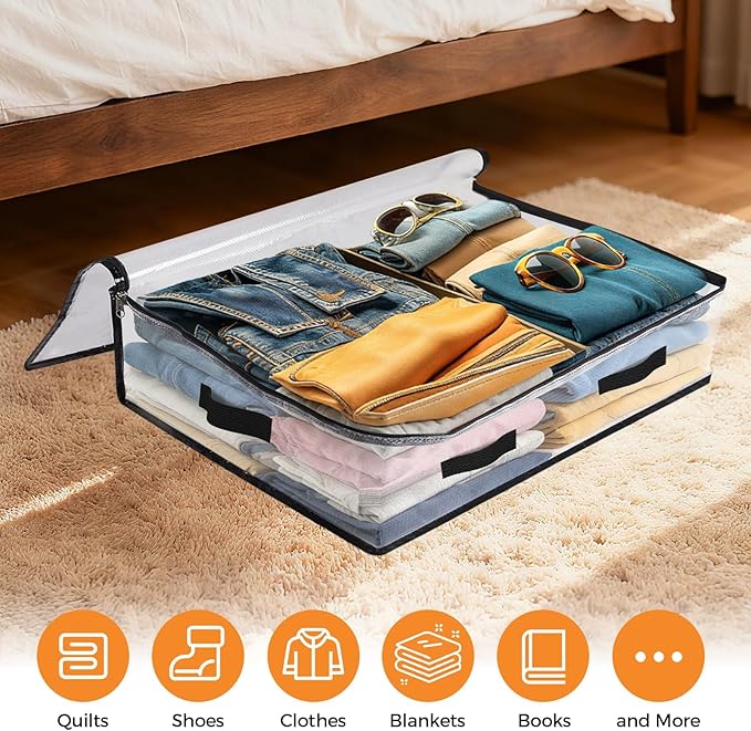 8 Pack Under Bed Storage Bags, 60L Foldable Clear Storage Containers with Handles, Dual Zippers for Comforter, Clothes, Bedding, Linen Sheets, Sweaters, Blanket Storage